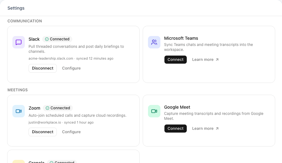 Workplace settings showing the Integrations tab with Slack, Microsoft Teams, Zoom, Google Meet, Granola, and calendar tools connected.