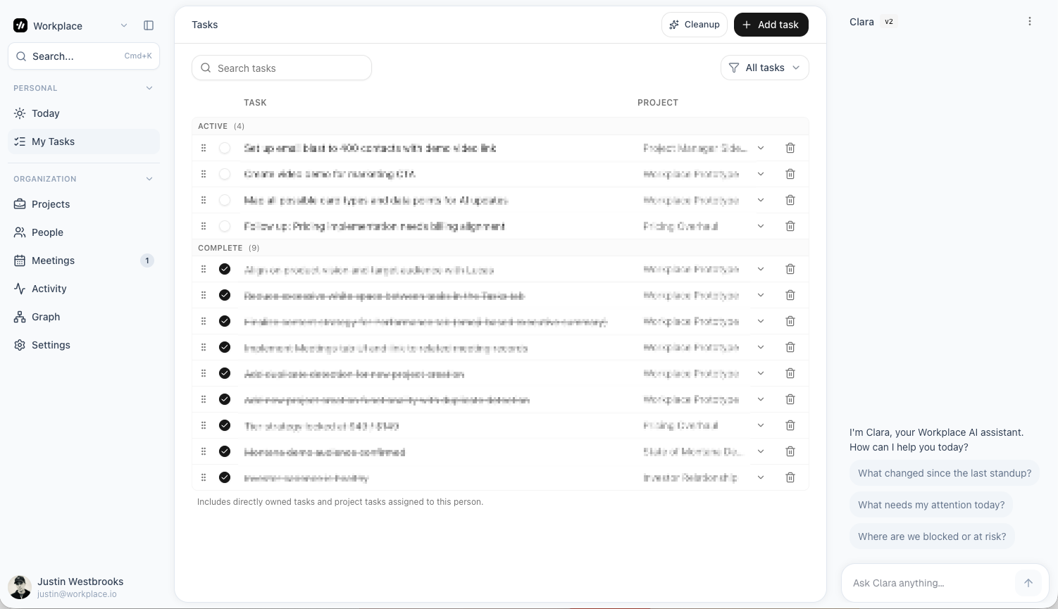 Workplace tasks view showing active and recently completed tasks attributed to the right projects.