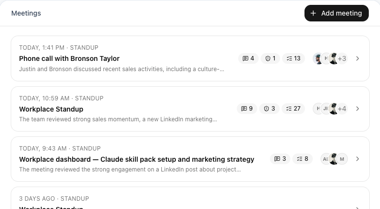 A project's Activity feed in Workplace showing extracted decisions, updates, and risks pulled from recent meetings.